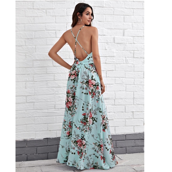 Backless Floral Print Maxi Dress Criss Cross - Picture 9 of 14